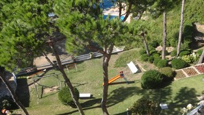 Un parque infantil con toboganes y columpios, rodeado de árboles y un pequeño jardín.