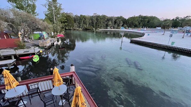 Un patio frente al agua con mesas y sillas, un muelle con un kayak verde y una masa de agua tranquila.