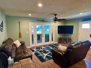 Smart TV, fireplace, DVD player, books