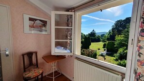 A room with a window overlooking a garden, a wooden chair, a small table, and a shelf unit with a painting. - Double Room Queen Size with Garden View (REMONCOURT)