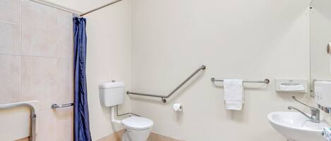 Une salle de bain avec des toilettes, un lavabo et une douche.