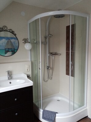 Shower, towels, soap, toilet paper