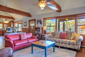 TV, fireplace, books - Bearwallow Cottage | Mountain Cottage with Hiking, Biking, and Views! (Hendersonville)