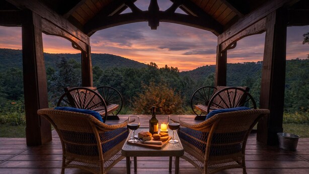 A covered outdoor seating area with wicker chairs and a table set for two, overlooking a forested landscape.