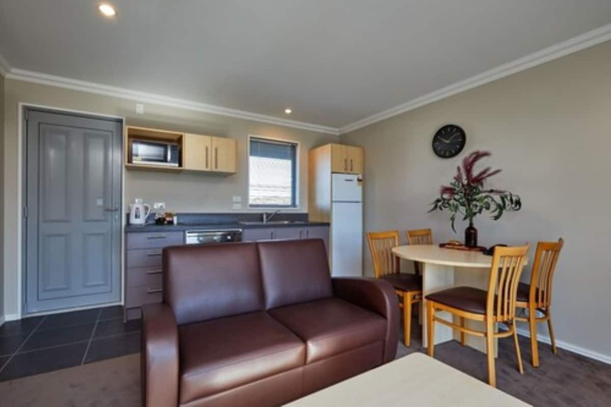 A compact living space with a kitchenette, a brown leather sofa, a dining table with chairs, and a potted plant.
