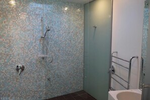 Ducha, secador de pelo, toallas y jabón