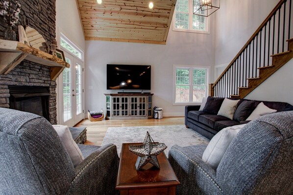 TV, fireplace, books