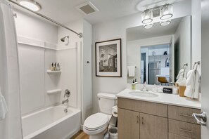 Hair dryer, towels, soap, shampoo