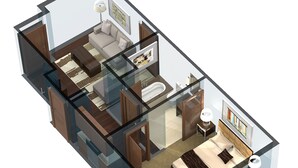 Un modèle 3D d’une chambre d’hôtel moderne, comprenant une paroi en verre, un canapé, un lit, un bureau et une salle de bain.