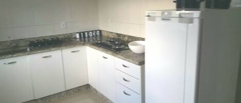 Fridge, stovetop, electric kettle, blender