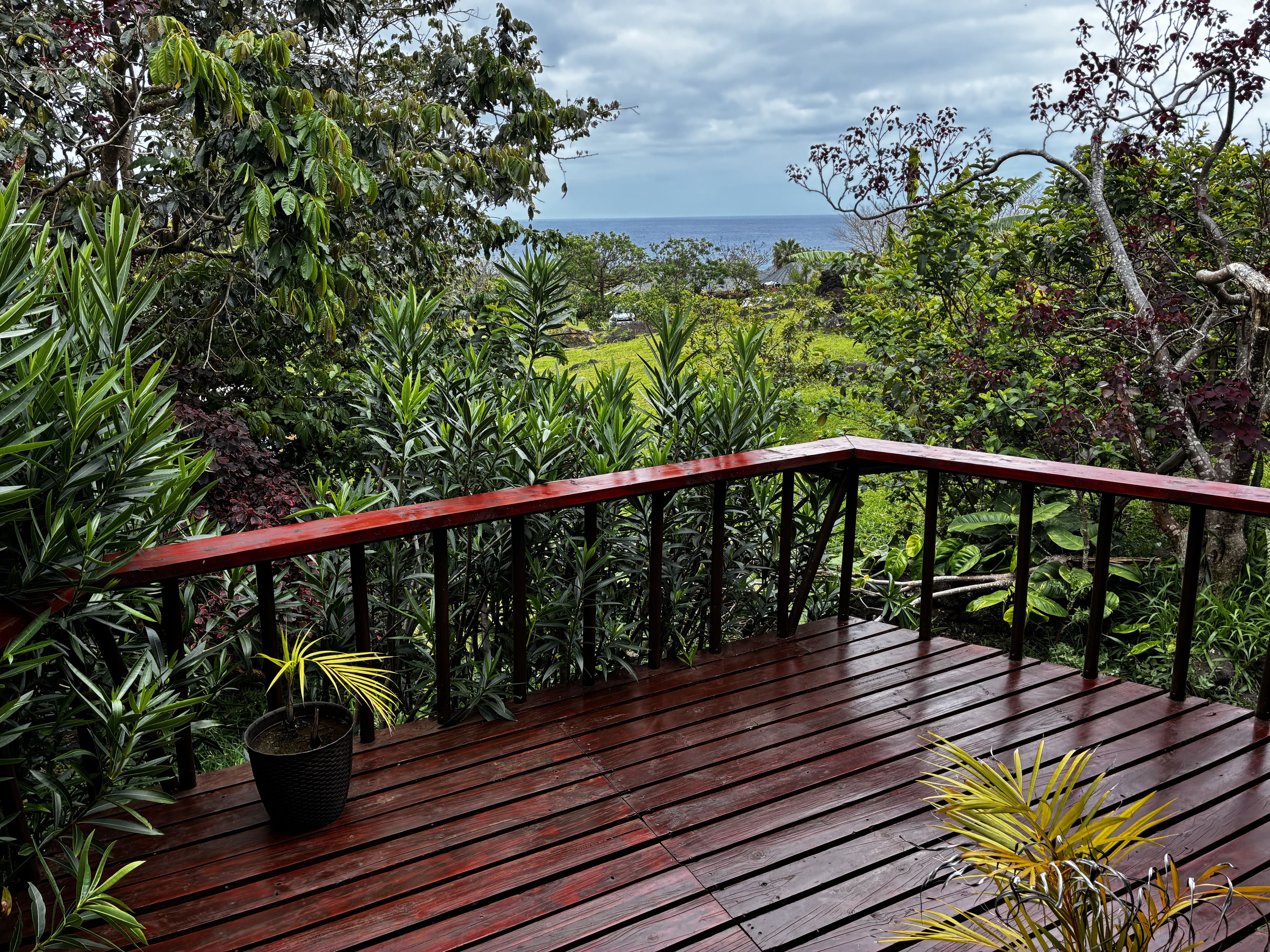 A wooden deck with a railing, surrounded by lush greenery and overlooking a landscape with a body of water in the distance.