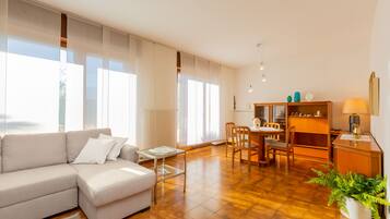 Flat-screen TV, fireplace