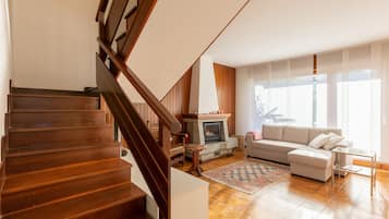 TV de tela plana, lareira