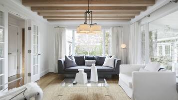 Smart TV, fireplace, books, stereo