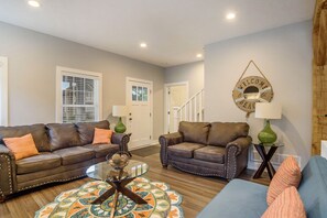 Flat-screen TV, fireplace, DVD player, table football