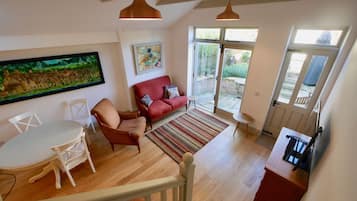 Smart TV, fireplace, DVD player, books