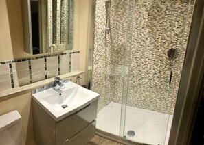 Douche, séchoir à cheveux, serviettes fournies, savon