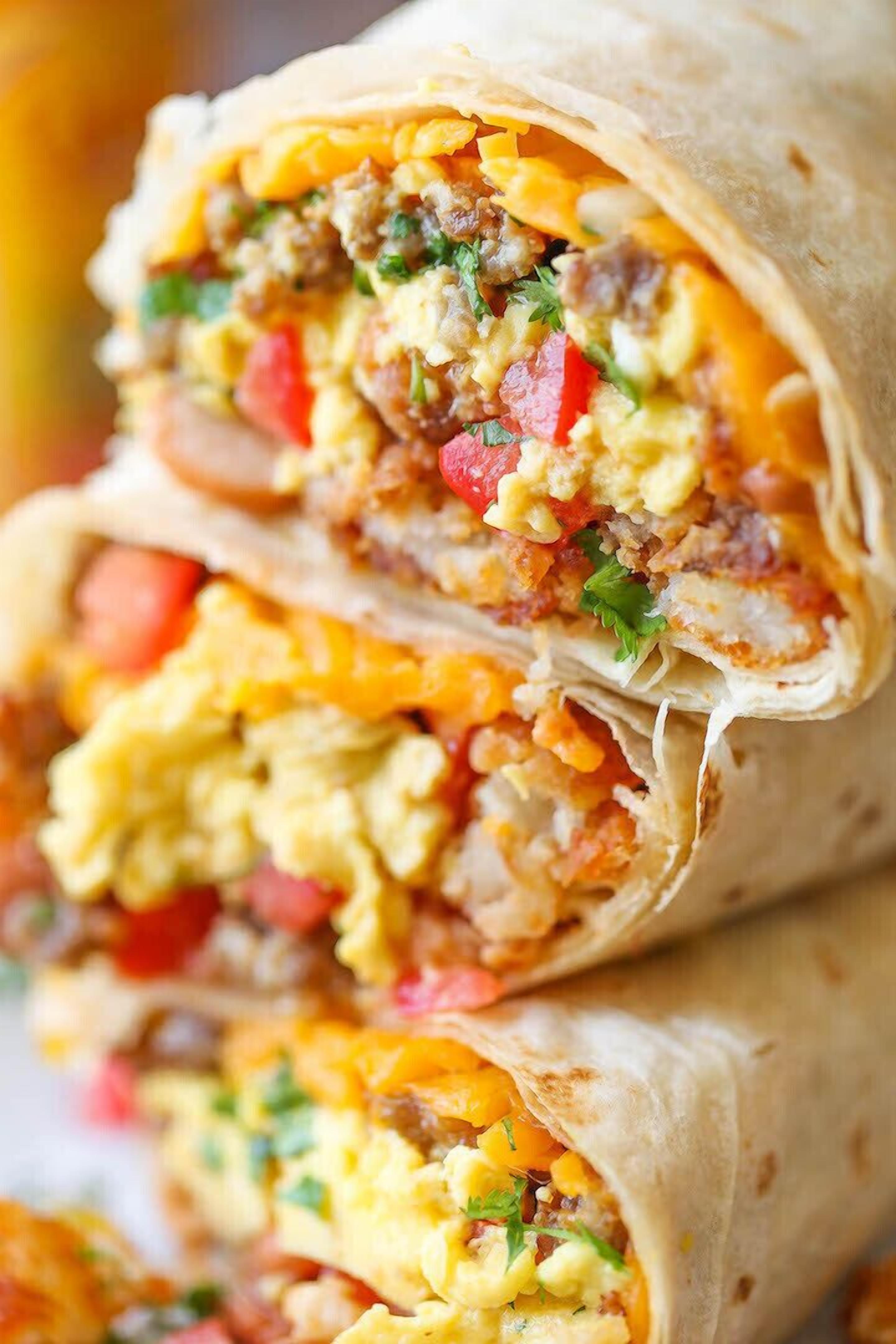 Un burrito con ingredientes visibles como huevos revueltos, queso y verduras.