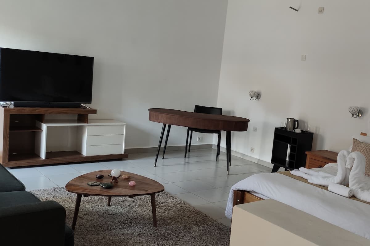 A modern living room with a flat-screen TV, a wooden coffee table, a sofa, a dining table with chairs, and a bed with white bedding.