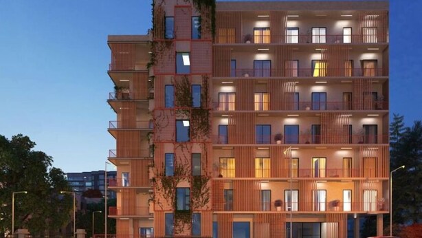 A multi-story residential building with balconies, large windows, and a modern architectural design. - Apartments in front of the Park (Tbilisi)