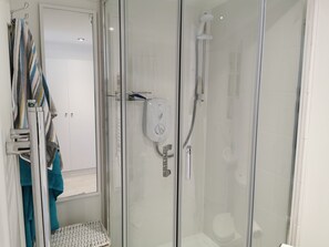 Hair dryer, towels, shampoo, toilet paper