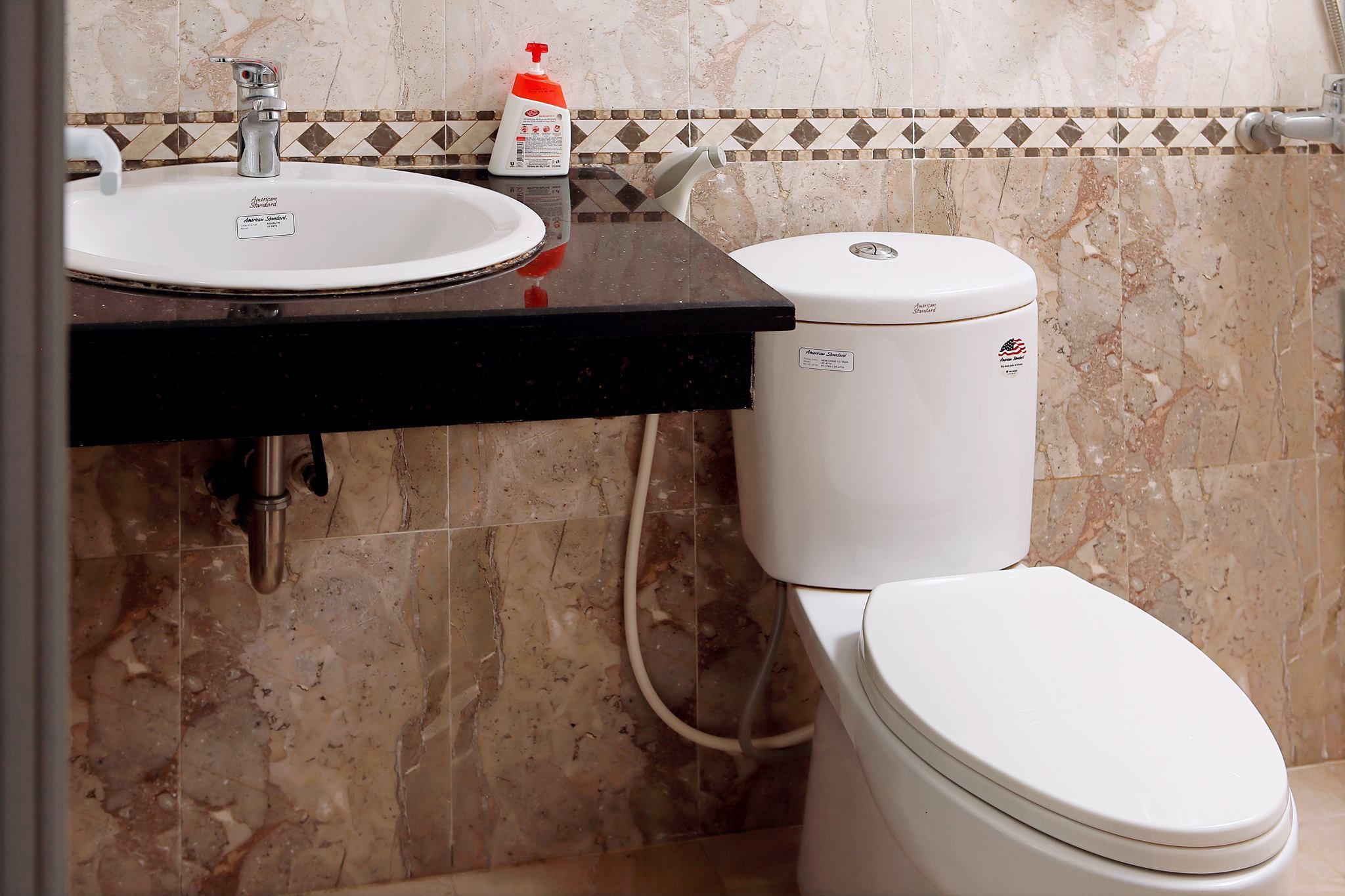 A bathroom with a white sink, a toilet, and a bottle of hand soap on the countertop.