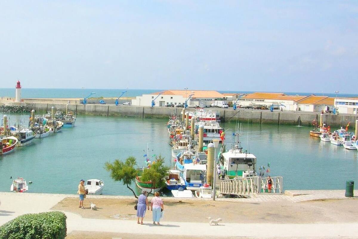 A harbor with boats docked, a lighthouse, and a building with 'SNM' signage.