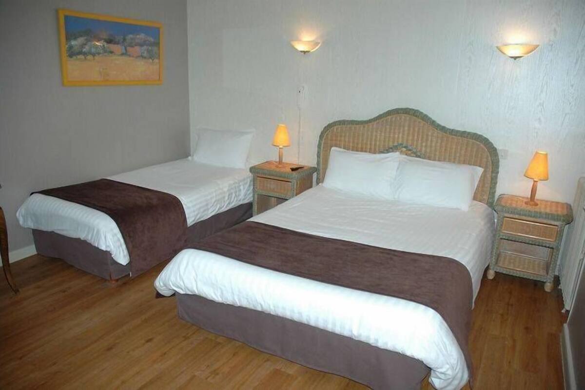 Two single beds with brown headboards and white bedding, each with a bedside table and lamp.