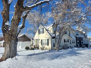 Una casa a due piani con un cortile innevato e un grande albero in primo piano.
