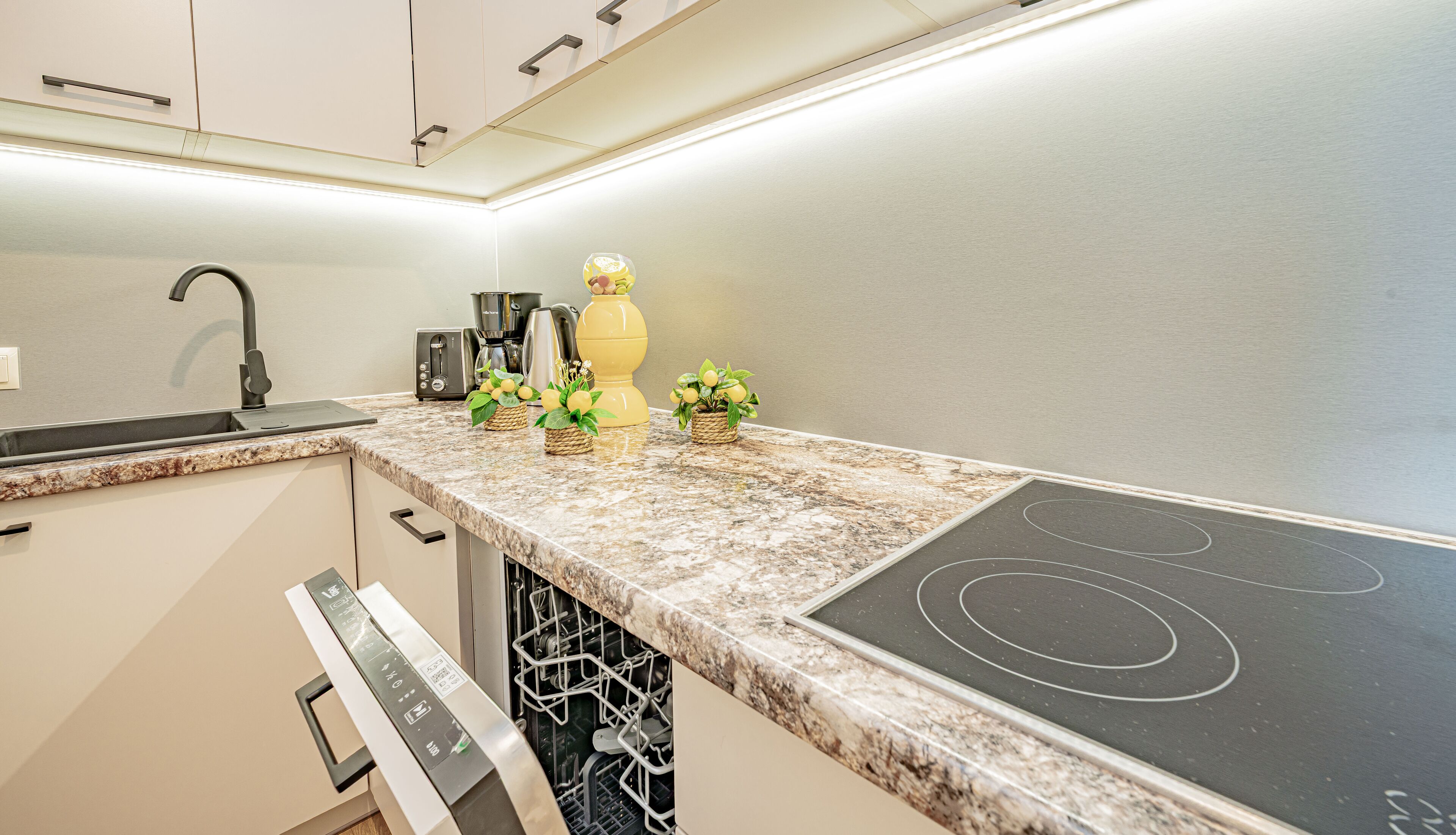A kitchen with a granite countertop, a black induction cooktop, a coffee maker, a toaster, and two small potted plants.