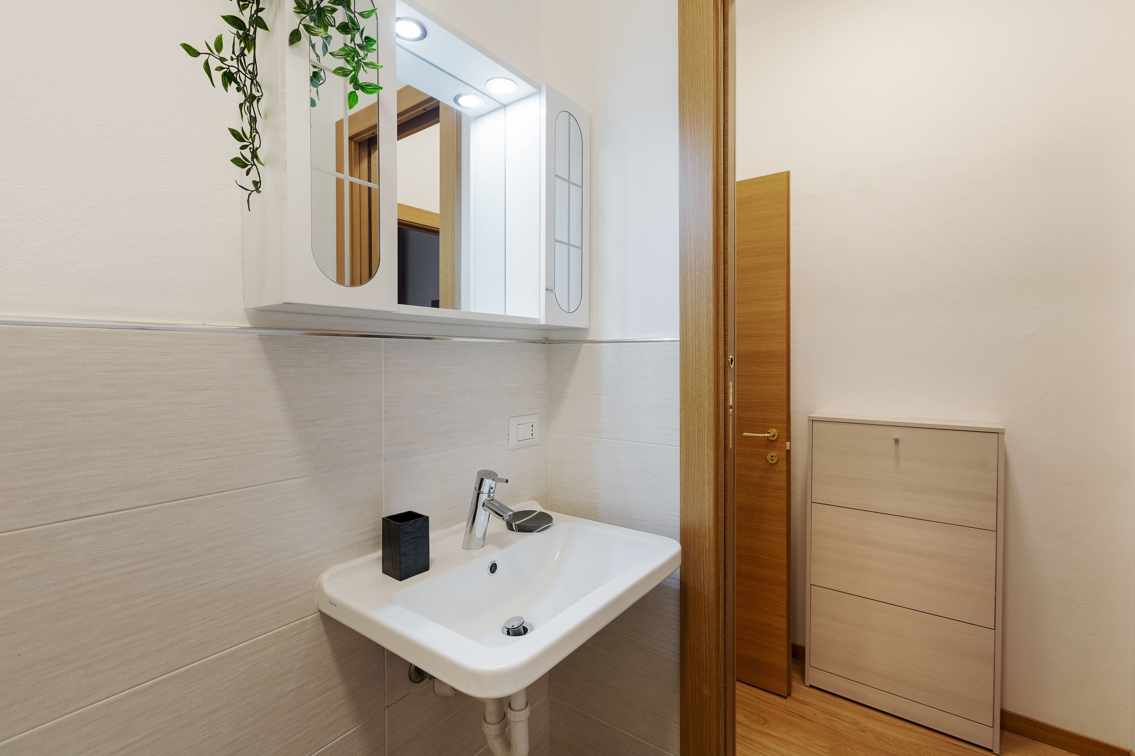 A bathroom with a white sink, mirror, and wooden door.