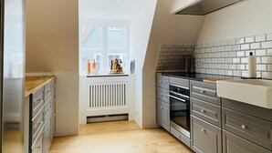 A modern kitchen with a window, built-in oven, and grey cabinets. - Best Stay Copenhagen Ny Adelgade 8-10 (Copenhagen)