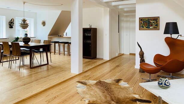 A spacious living area with a dining table, chairs, a leather hide, and a modern chair. - Best Stay Copenhagen Ny Adelgade 8-10 (Copenhagen)