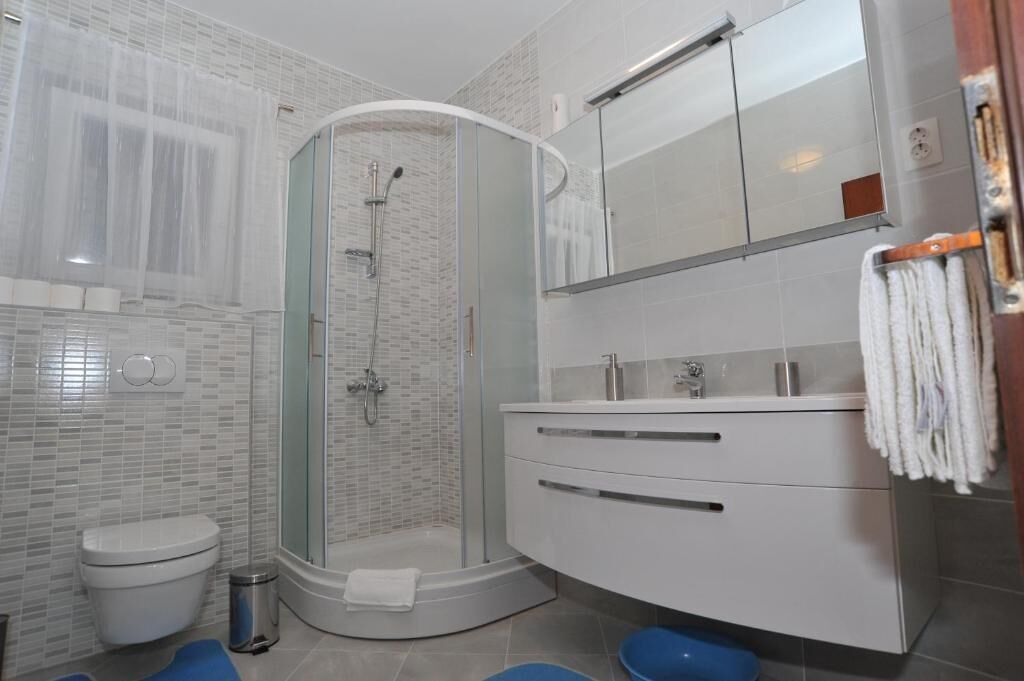 A modern bathroom with a glass-enclosed shower, a white toilet, and a vanity with a mirror.