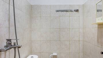 Un baño pequeño con azulejos, un inodoro, un cabezal de ducha y un espejo.