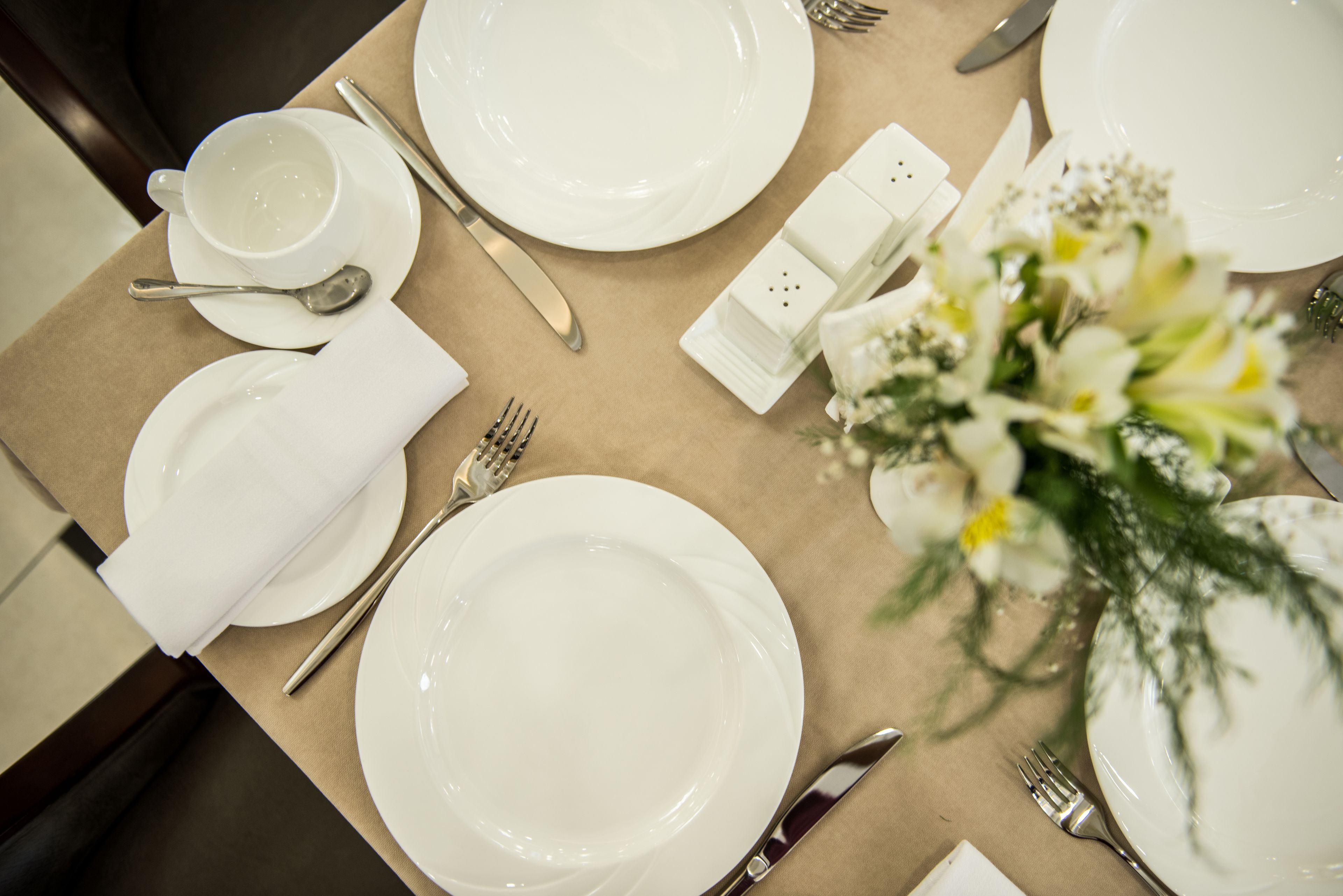 A table set with white plates, silverware, a cup, and a salt and pepper shaker.