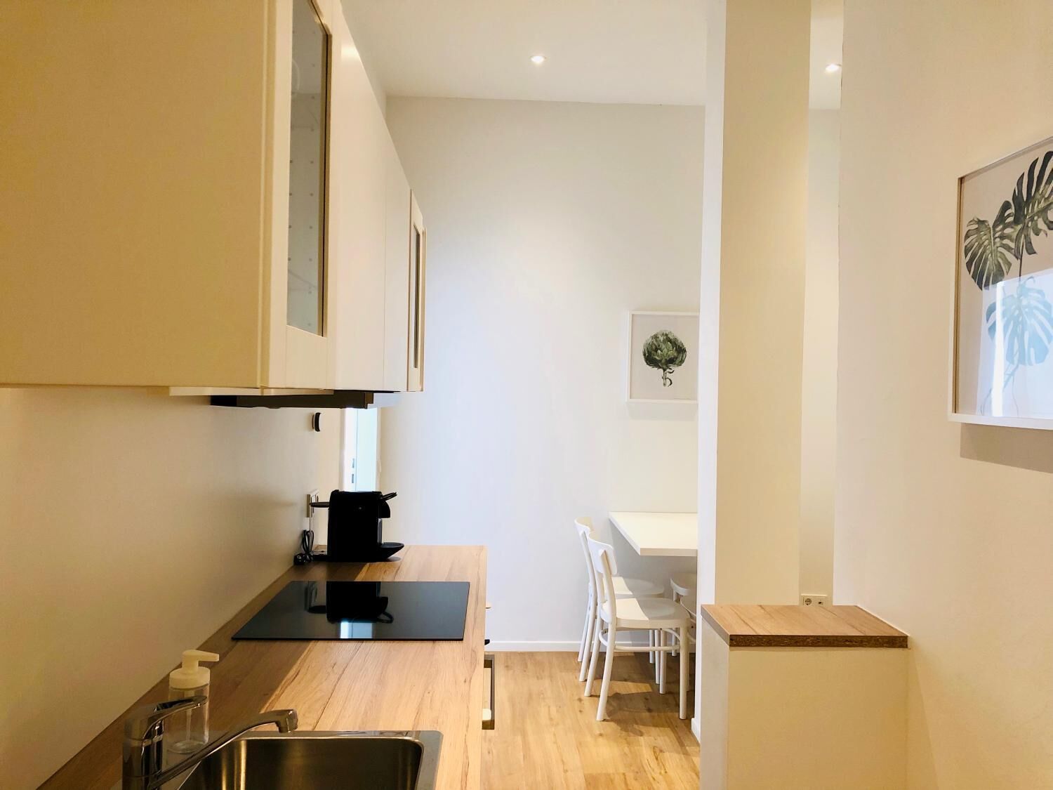 Fridge, electric kettle, cookware/dishes/utensils