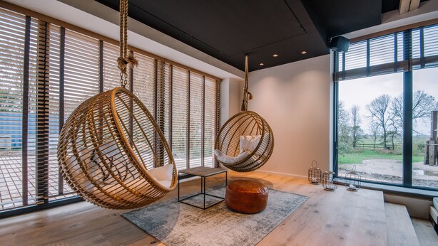 Una habitación moderna con ventanas amplias, un sillón colgante, una mesita y una alfombra.