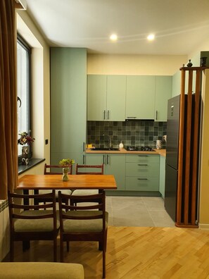 Apartment | Private kitchen | Full-size fridge, stovetop, electric kettle, toaster