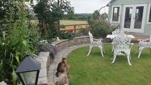 A garden with a stone wall, a metal lamp post, and a rustic metal bucket. - Tig na Coille B&B Country House (Tullaroan)