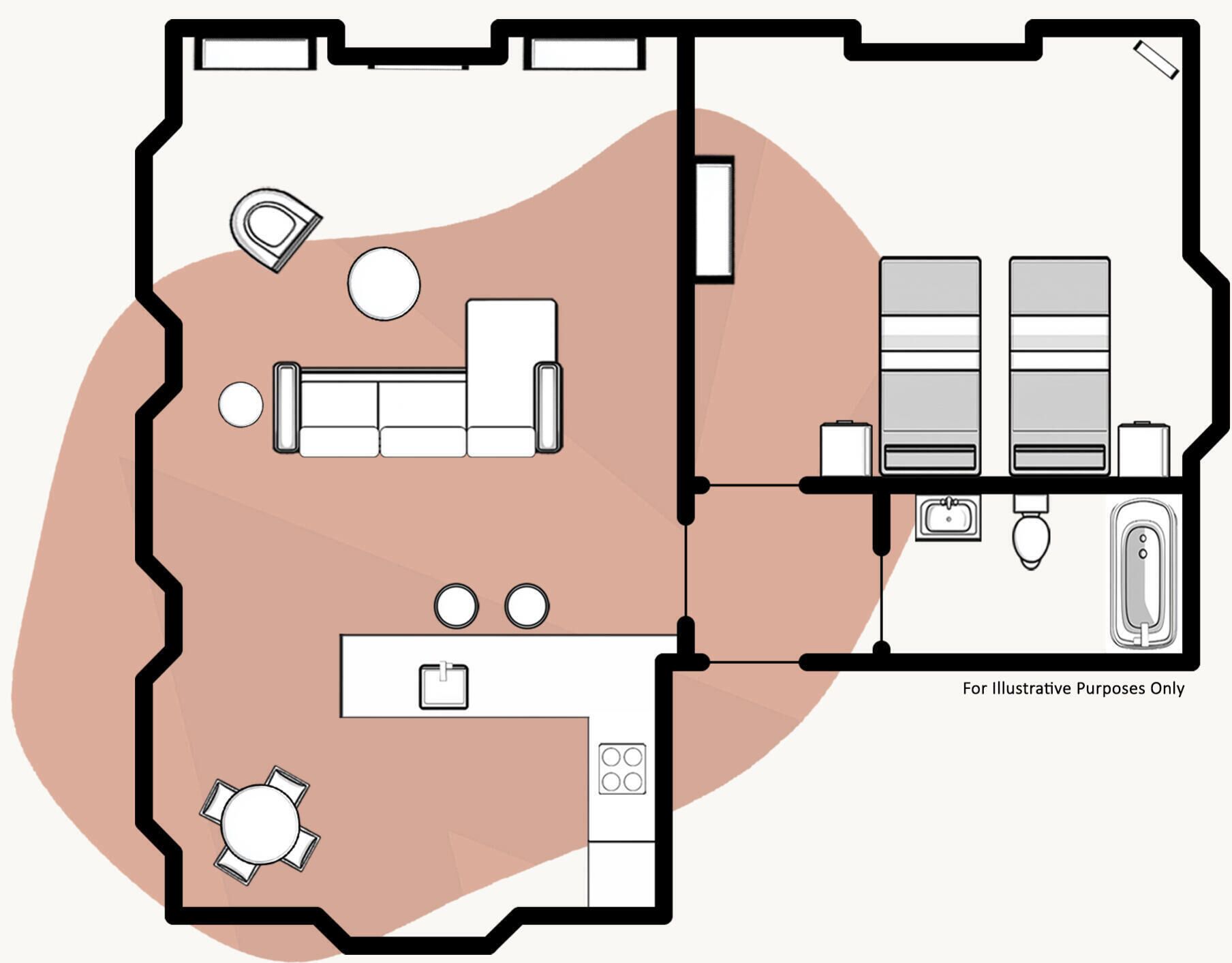 Plano de un cuarto de hotel con kitchenette, zona de comedor y baño.