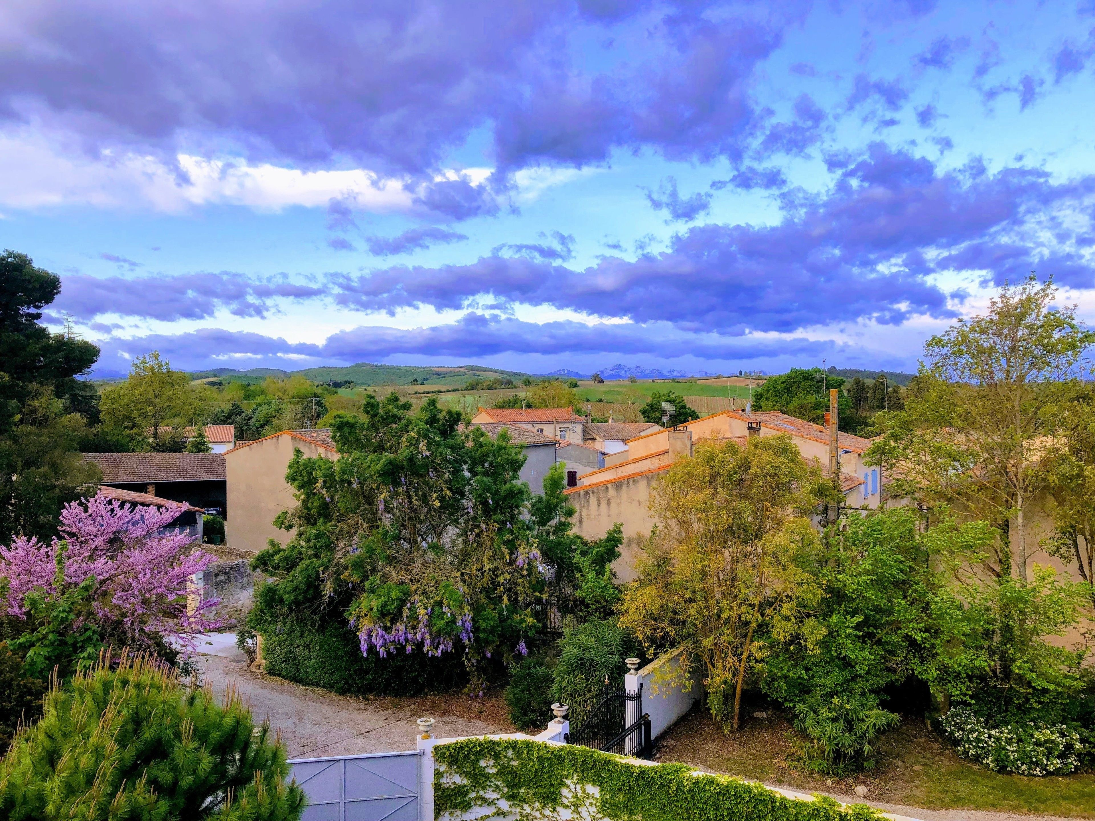 A rural village with traditional buildings, lush greenery, and a clear sky.