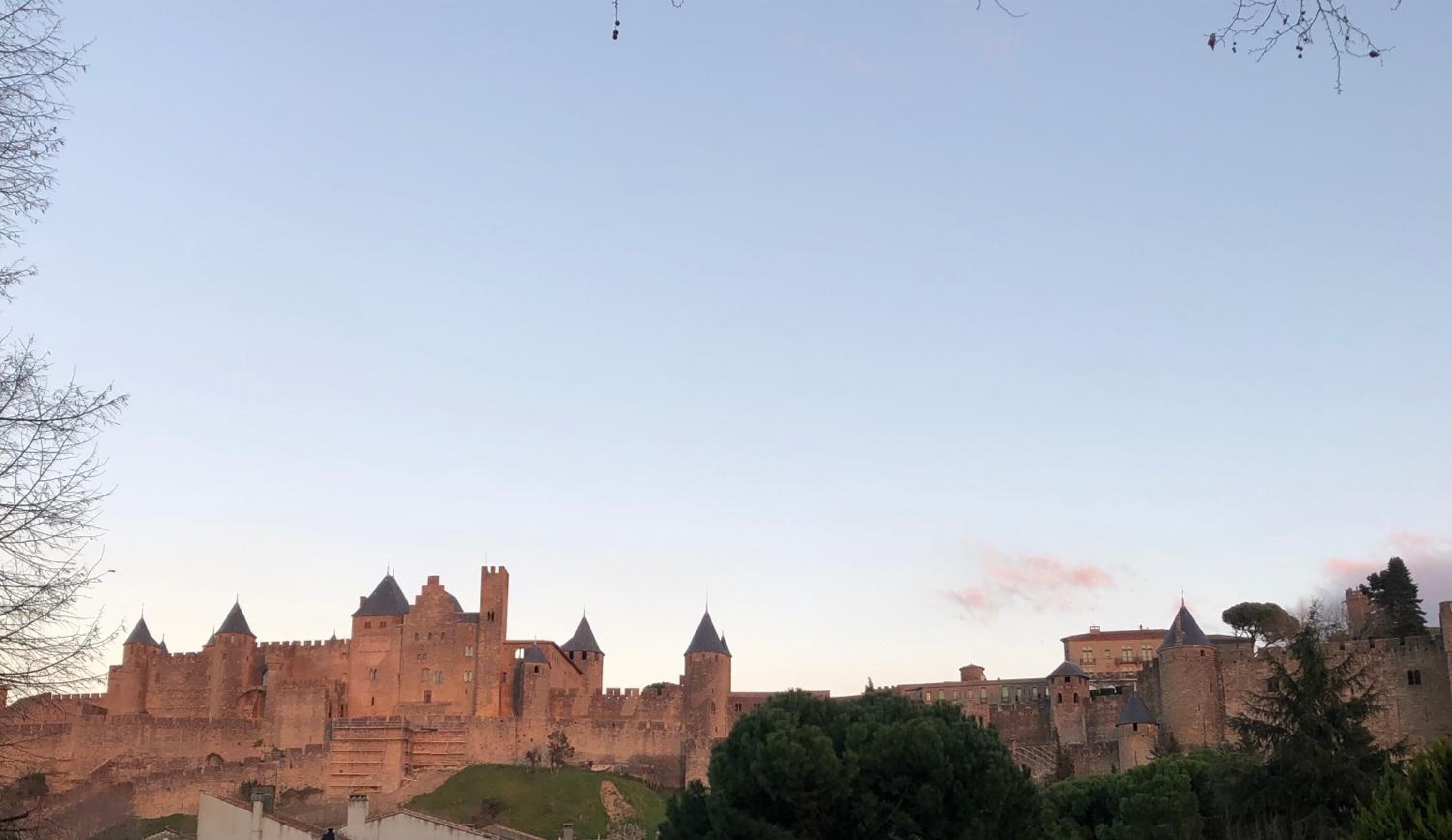 A historic castle with multiple towers and a fortified wall, surrounded by greenery.