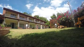 A two-story building with a covered patio area, a grassy yard, and a large tree with pink flowers.
