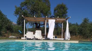 Seasonal outdoor pool, pool umbrellas, pool loungers