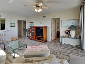 Condo, 2 Bedrooms (0 - No Pets Allowed) | Living area | 40-inch TV with cable channels - Hibiscus 844 by Distinctive Beach Rentals (Fort Myers Beach)