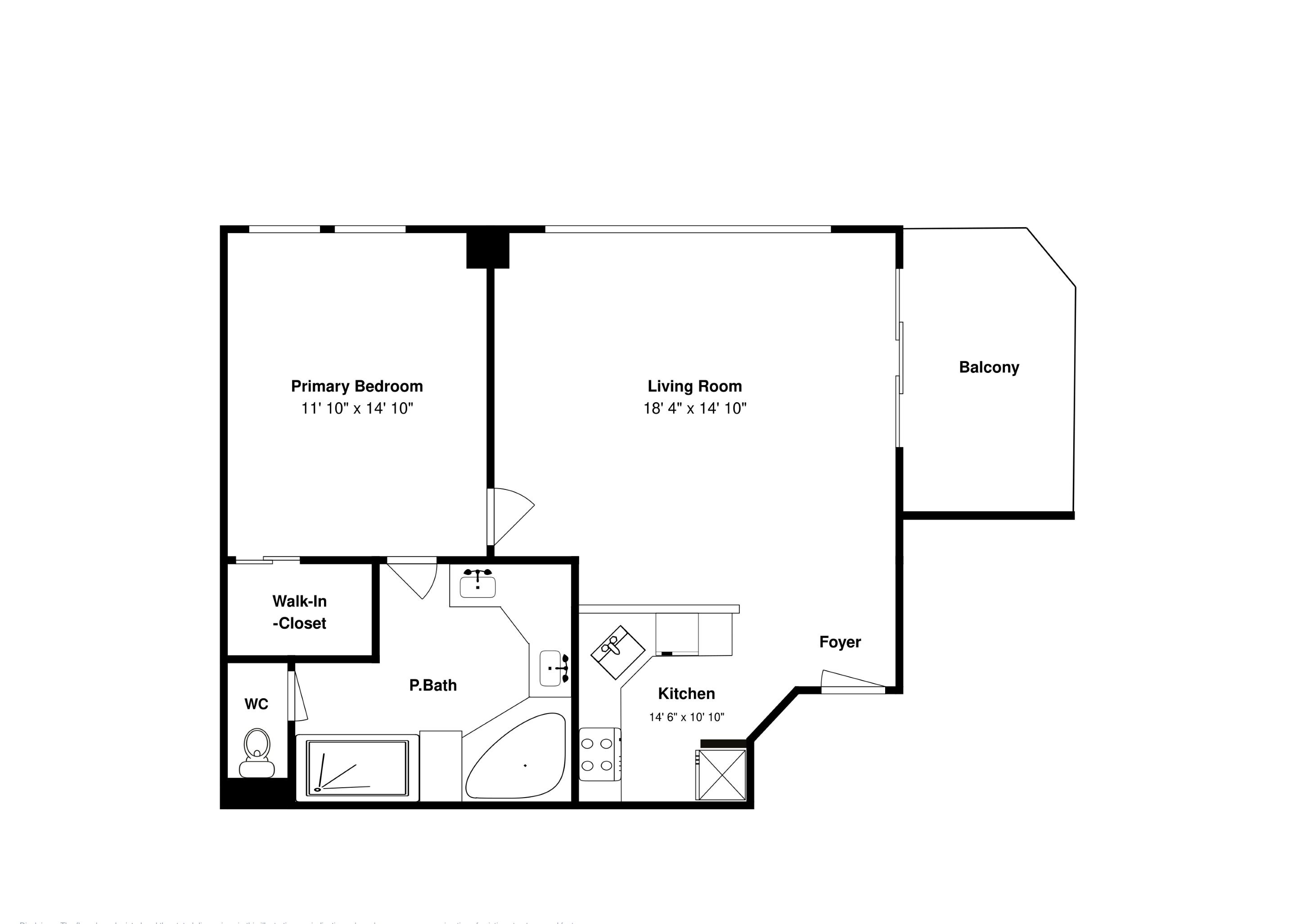 Een plattegrond met een hoofdslaapkamer, woonkamer, balkon, inloopkast, gastenbadkamer, toilet en keuken.