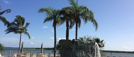 A pool area with a waterfall feature, palm trees, and lounge chairs.