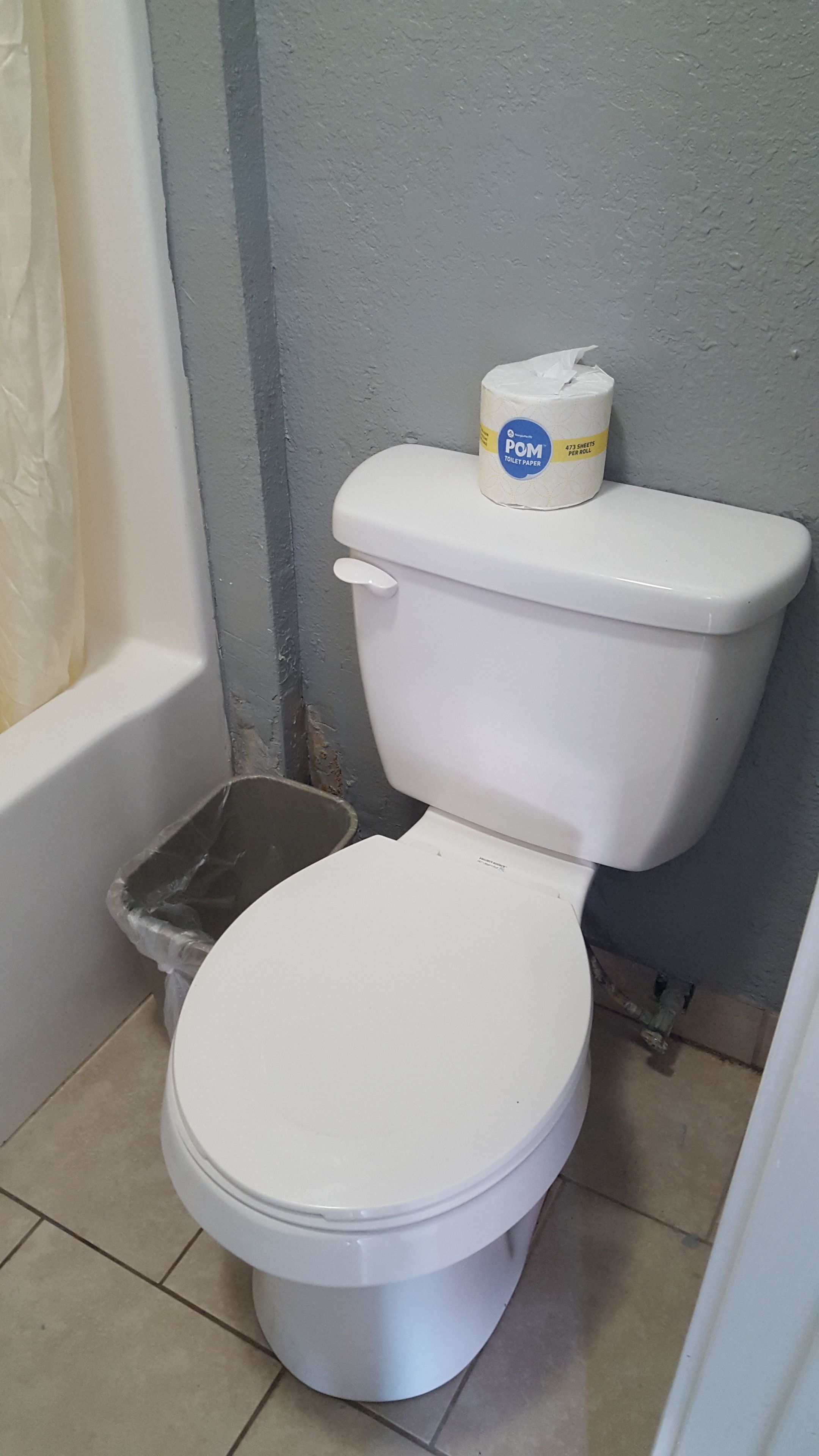 A white toilet with a POM toilet paper roll on top.