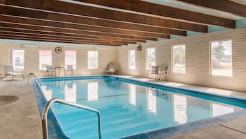 Indoor pool, open 8:00 AM to 10:00 PM, pool loungers